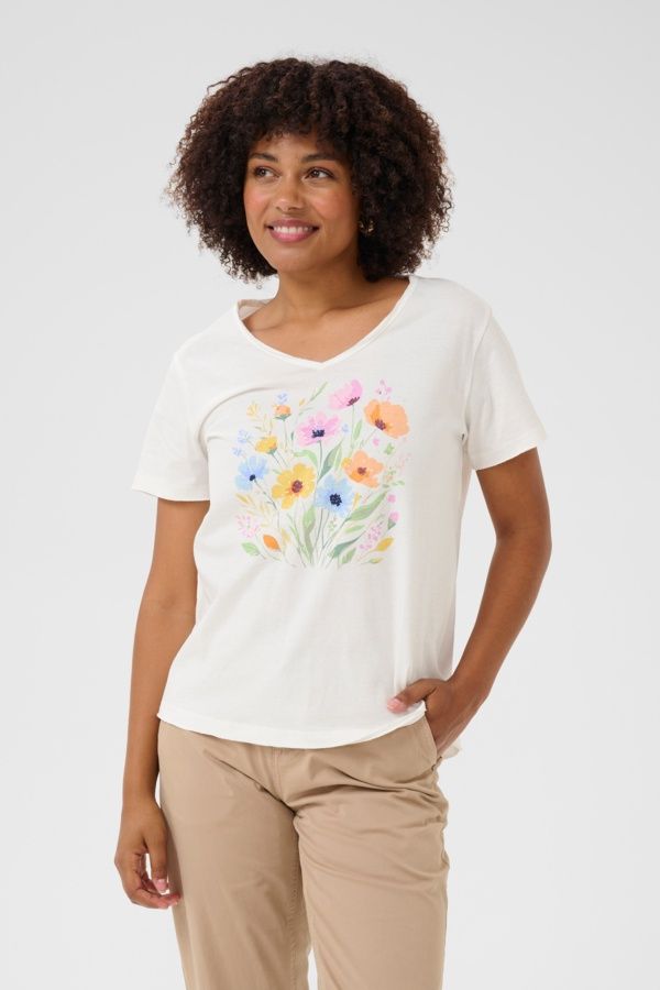 Cream T-Shirt col V Spring Field Flowers 10613645