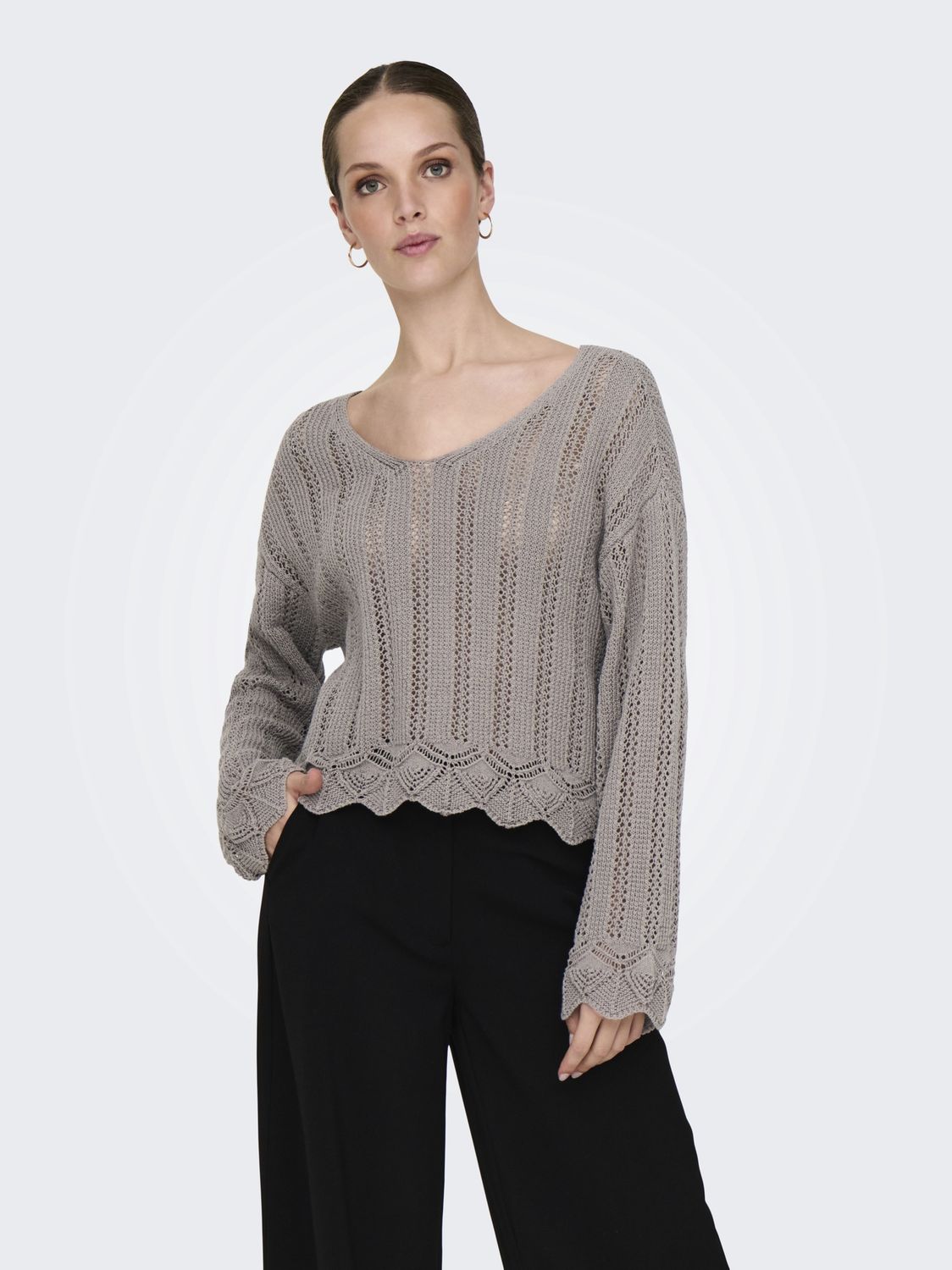 Only Chandail col V en maille Gris taupe 15339529