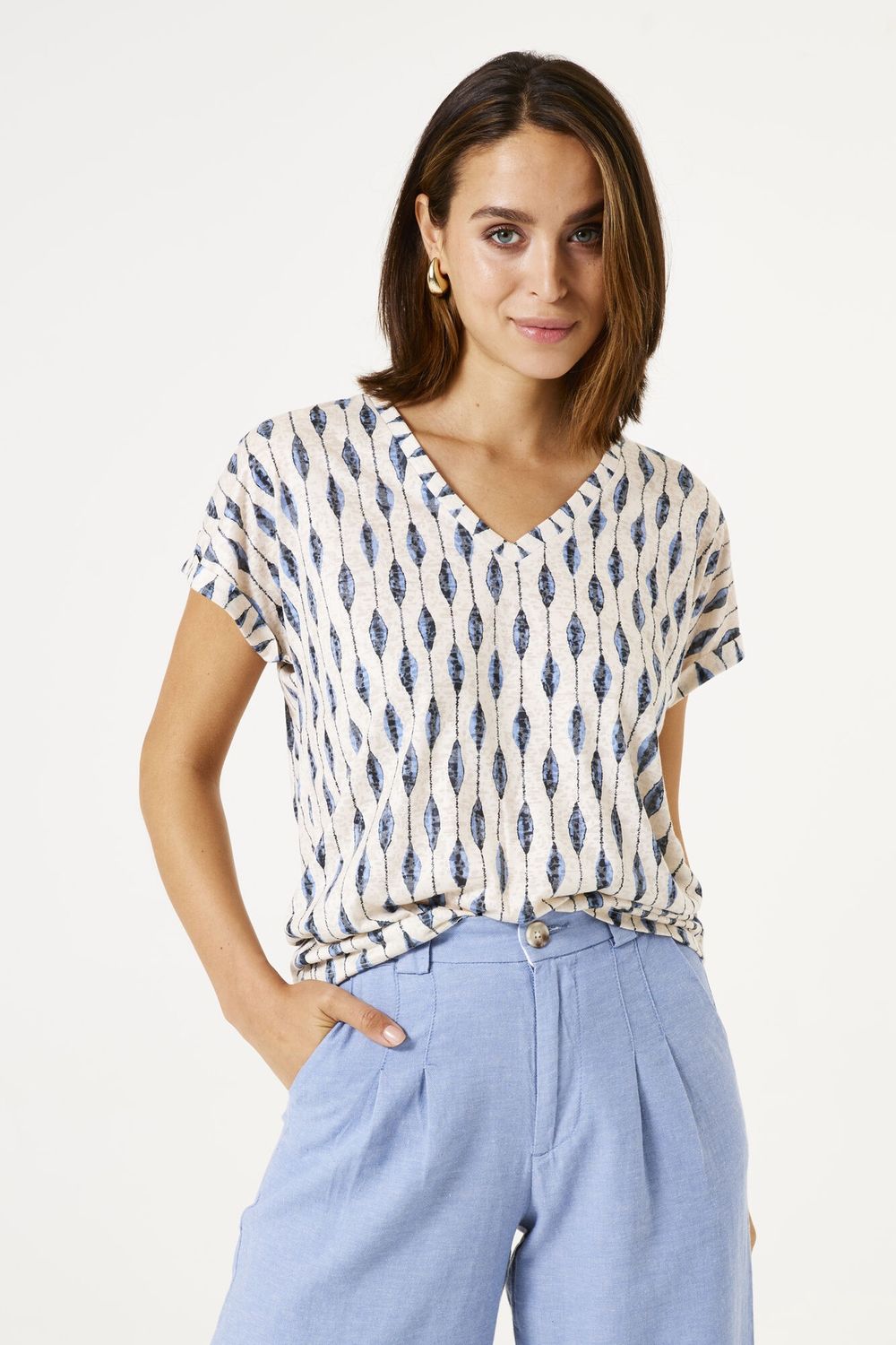 Garcia T-Shirt crème col V motifs E50202