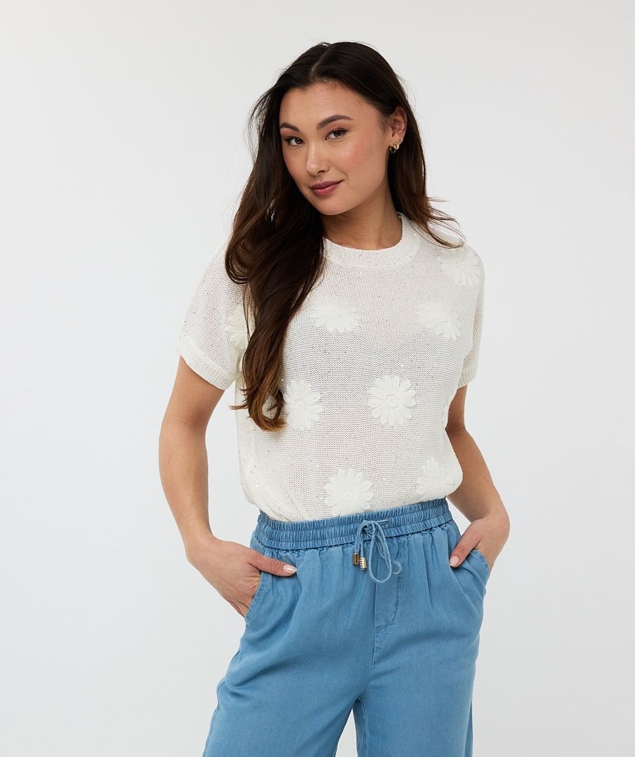 Esqualo Chandail offwhite broderie fleurs et paillettes 2502226