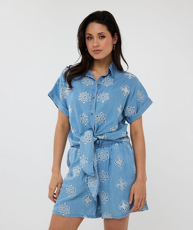 Esqualo Blouse chambray nouée broderie fleurs 2528208
