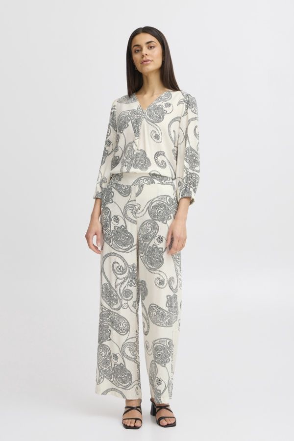 Fransa Pantalon crème palazzo imprimé paisley noir 20615801