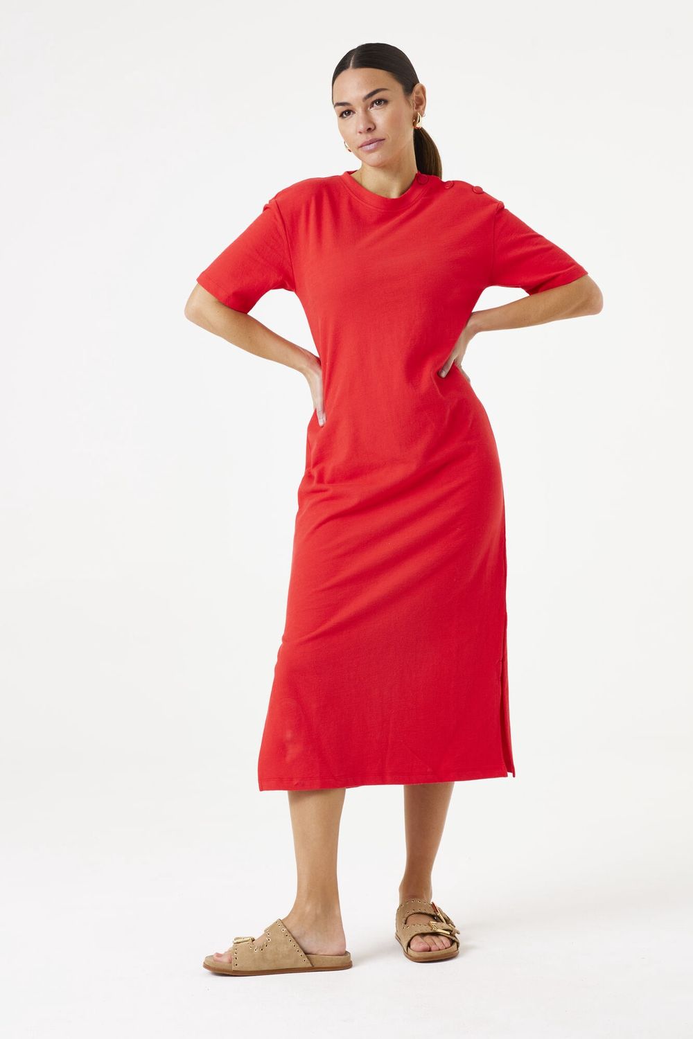 Garcia Robe longue manches courtes boutons épaules Ruby Red E50285
