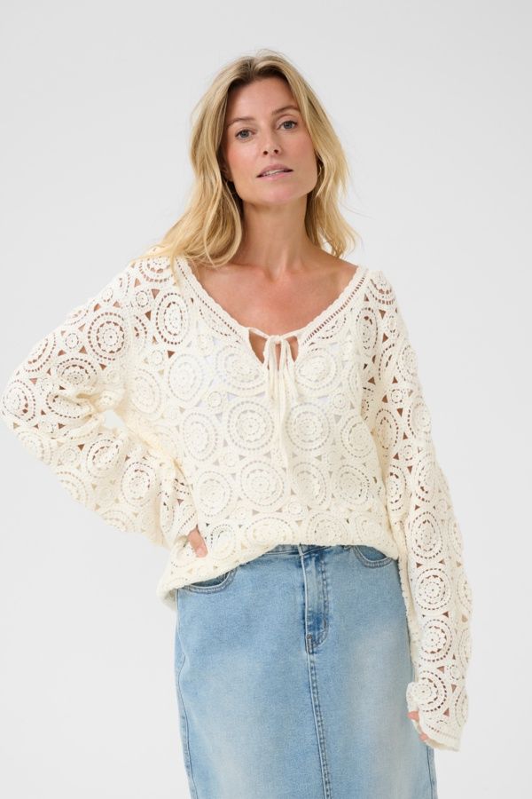 Cream Chandail crochet dentelle offwhite manches longues 10613751