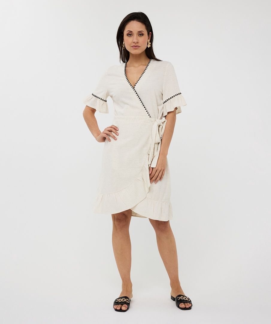 Esqualo Robe lin sable cache-coeur broderie noire 2528218
