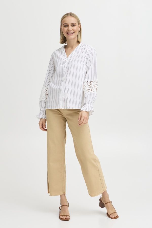 Fransa Blouse offwhite manches longues rayures noires broderie manches 20615467