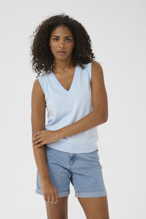 Kaffe Haut sans manches col V tricot bleu pâle 10510055