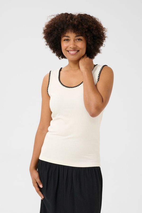 Cream Haut rib offwhite sans manches broderie noire 10613743