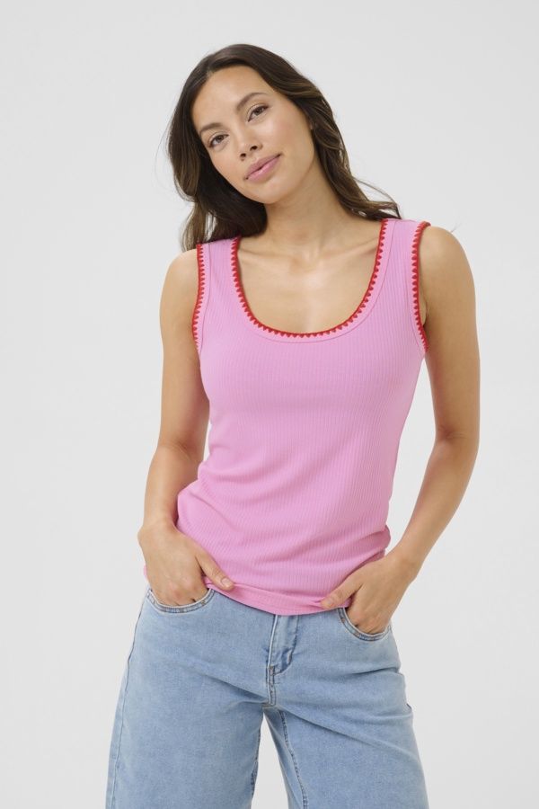 Cream Haut rib Begonia Pink sans manches broderie rouge 10613743