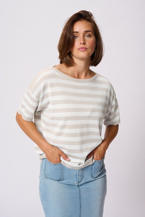 Kaffe T-Shirt manches courtes rayures feather gray/chalk brillance 10510053