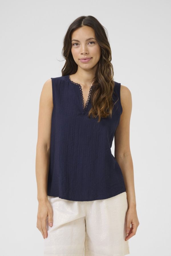 Cream Blouse sans manches marine detail dentelle col 10613829