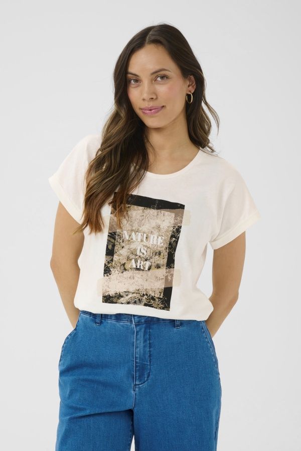 Cream T-Shirt manches courtes col rond écritures green beige Nature is Art 10614080