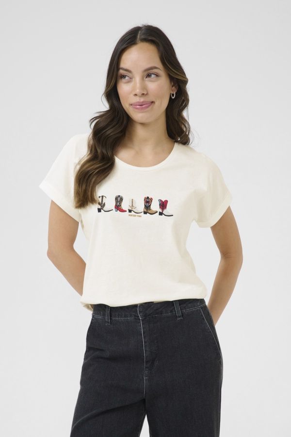 Cream T-Shirt manches courtes col rond image bottes cowboy Brown red blue 10614080