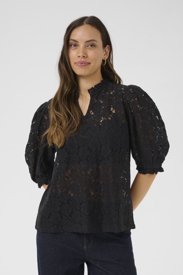 Cream Blouse dentelle manches bouffantes dentelle noire 10612448