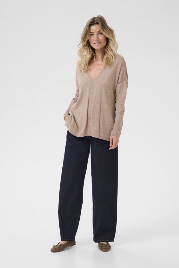 Cream Chandail tricot manches longues col V Fossil Melange 10613924