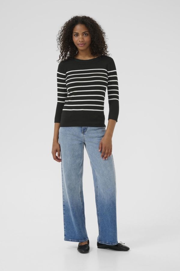 Kaffe Chandail noir rayures offwhite manches 3/4 col bateau 10510195