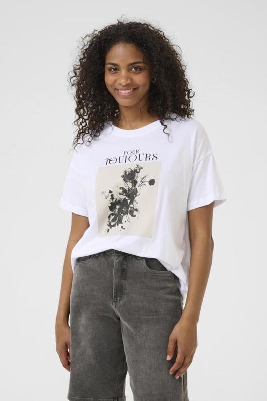 Kaffe T-Shirt blanc col rond manches courtes motifs fleurs noires 10510215