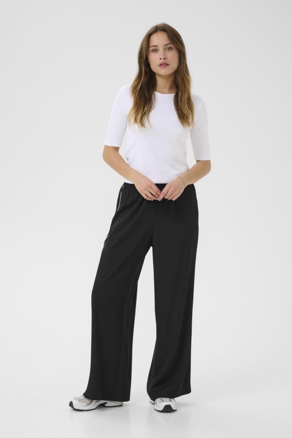 Kaffe Pantalon noir taille élastique ligne blanche jambes larges 10510245