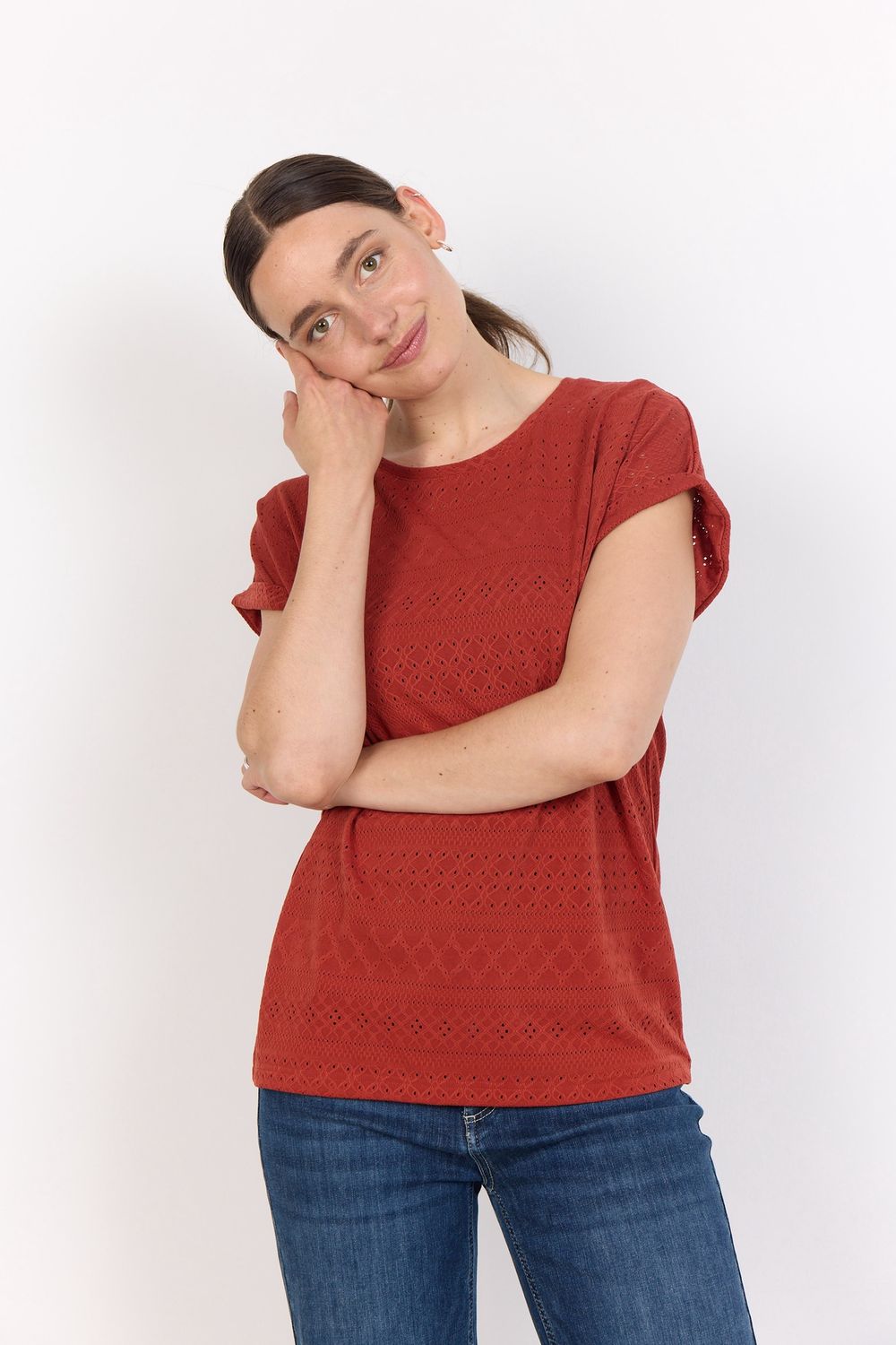Soya Concept Chandail manches courtes col rond ajouré Mineral Red 27147