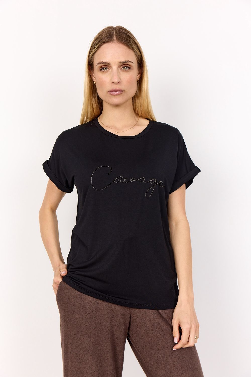 Soya Concept T-Shirt noir manches courtes col rond écritures Courage paillettes 27131