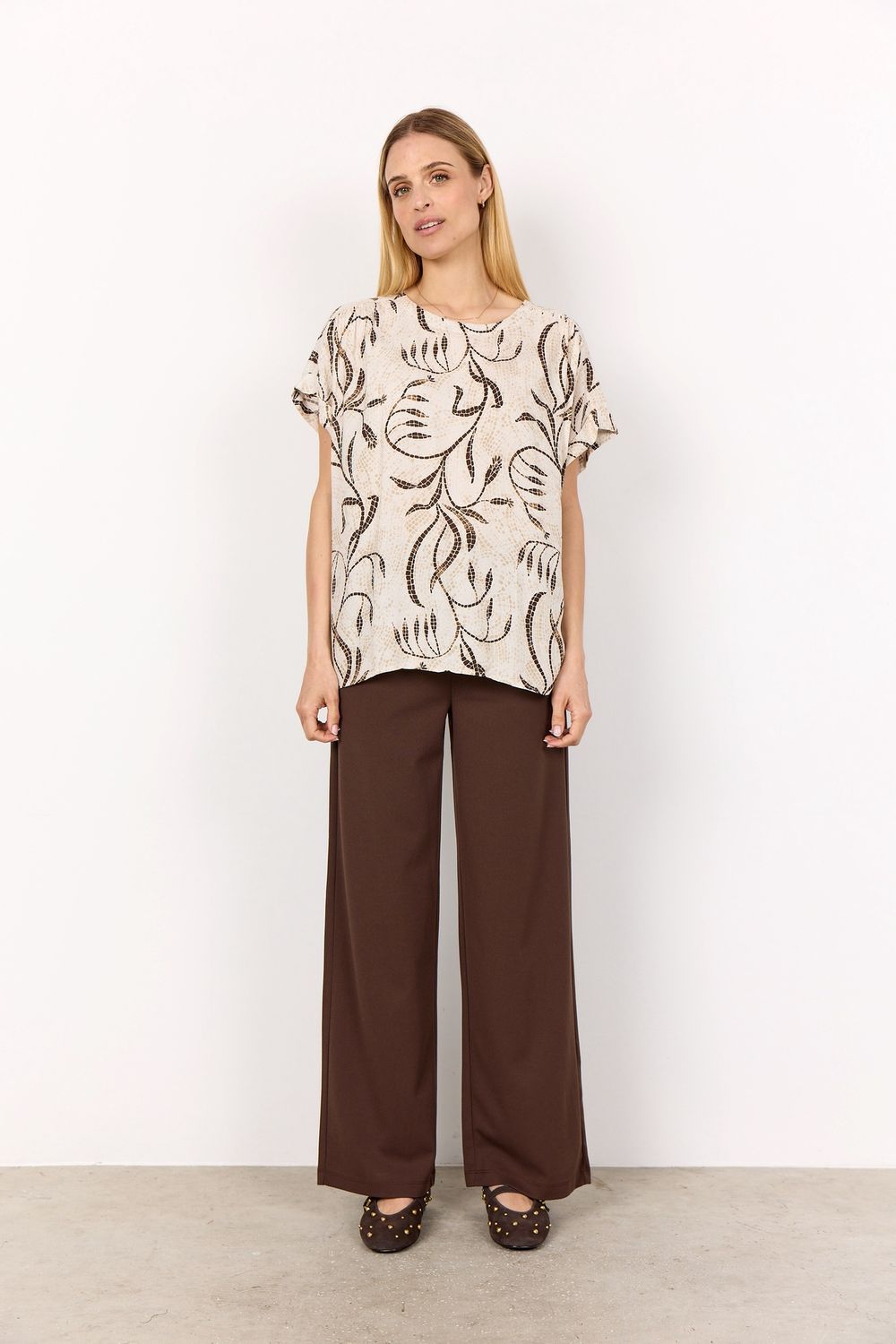 Soya Concept Blouse manches courtes col rond motif Sand combi 41341