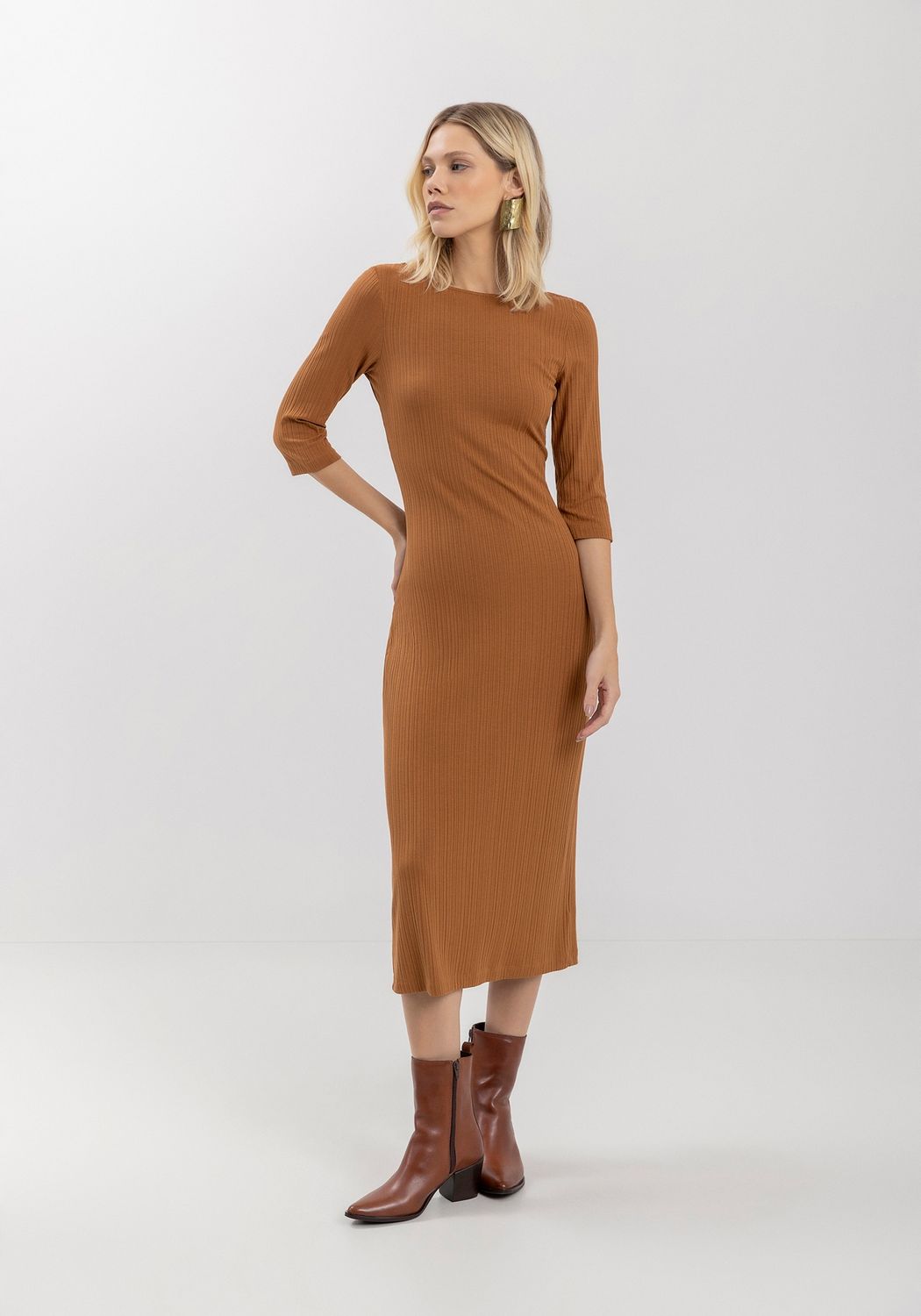 Lezalez Robe moulante longueur midi marron 7267E