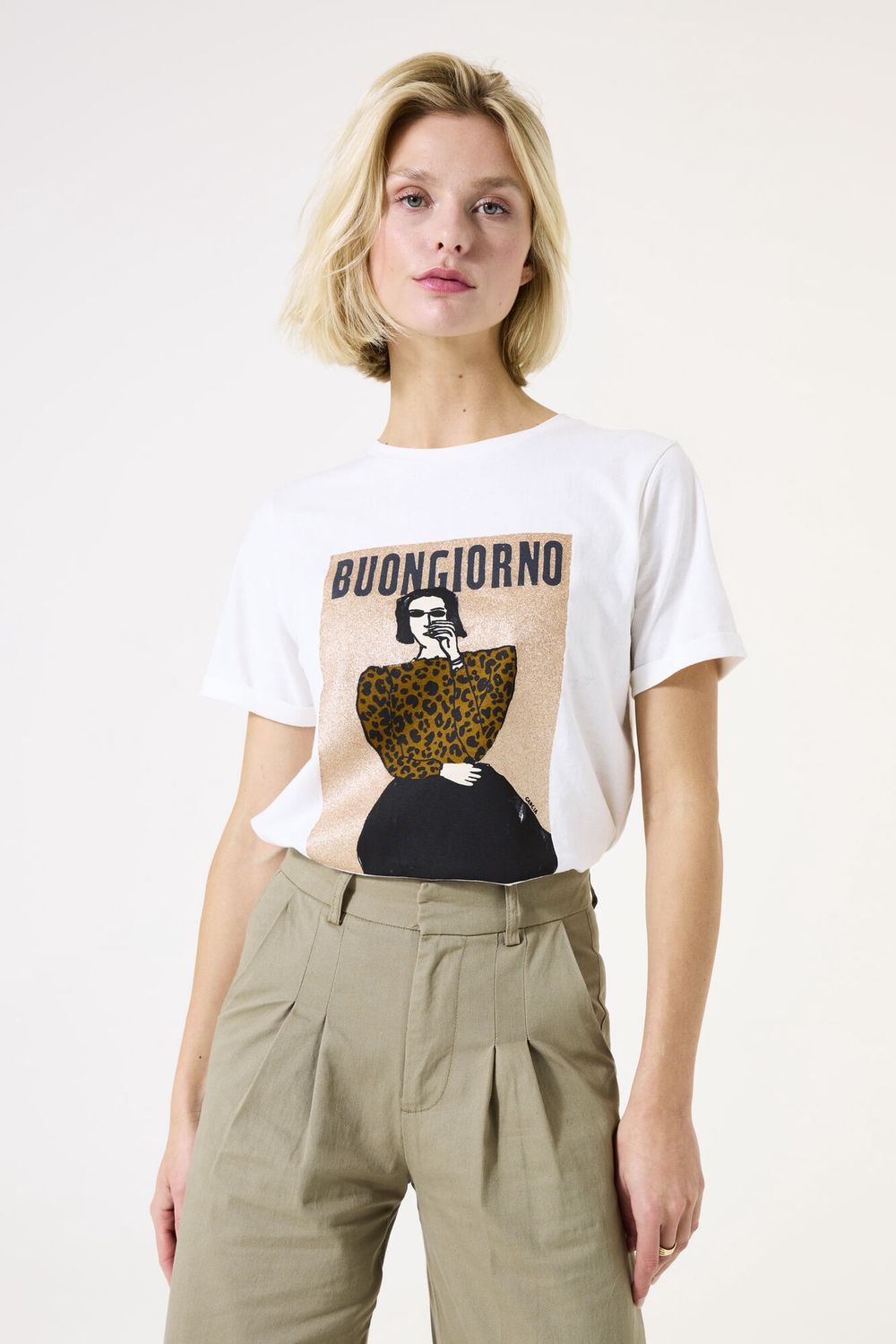 Garcia T-Shirt offwhite manches courtes imprimé léopard H50001