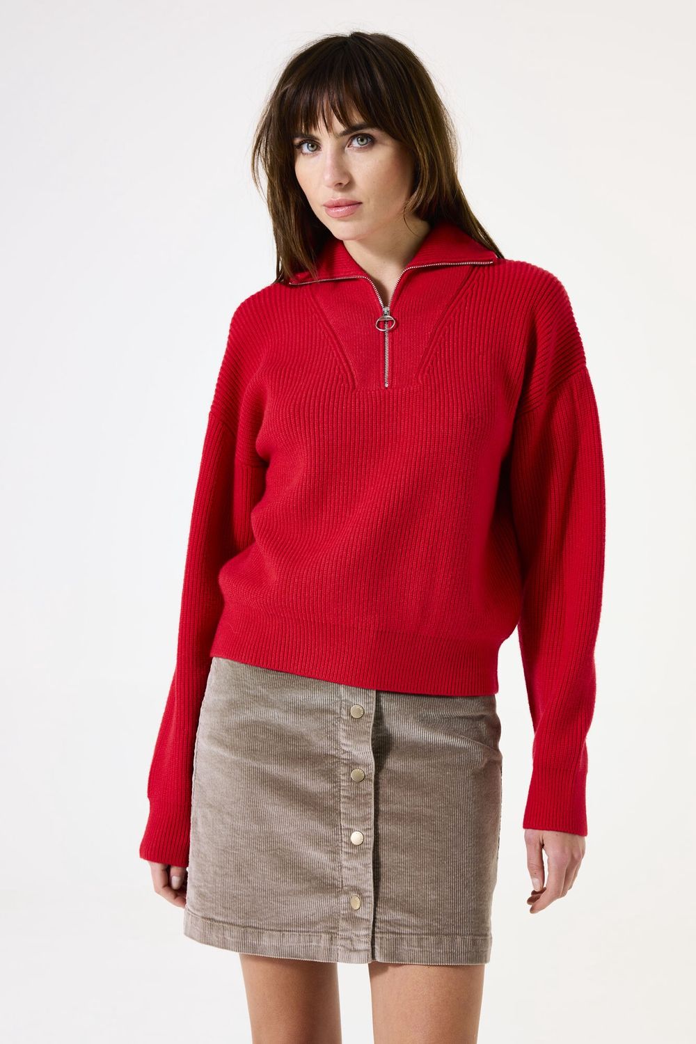 Garcia Pull tricot rouge manches longues avec col fermeture éclair I50242