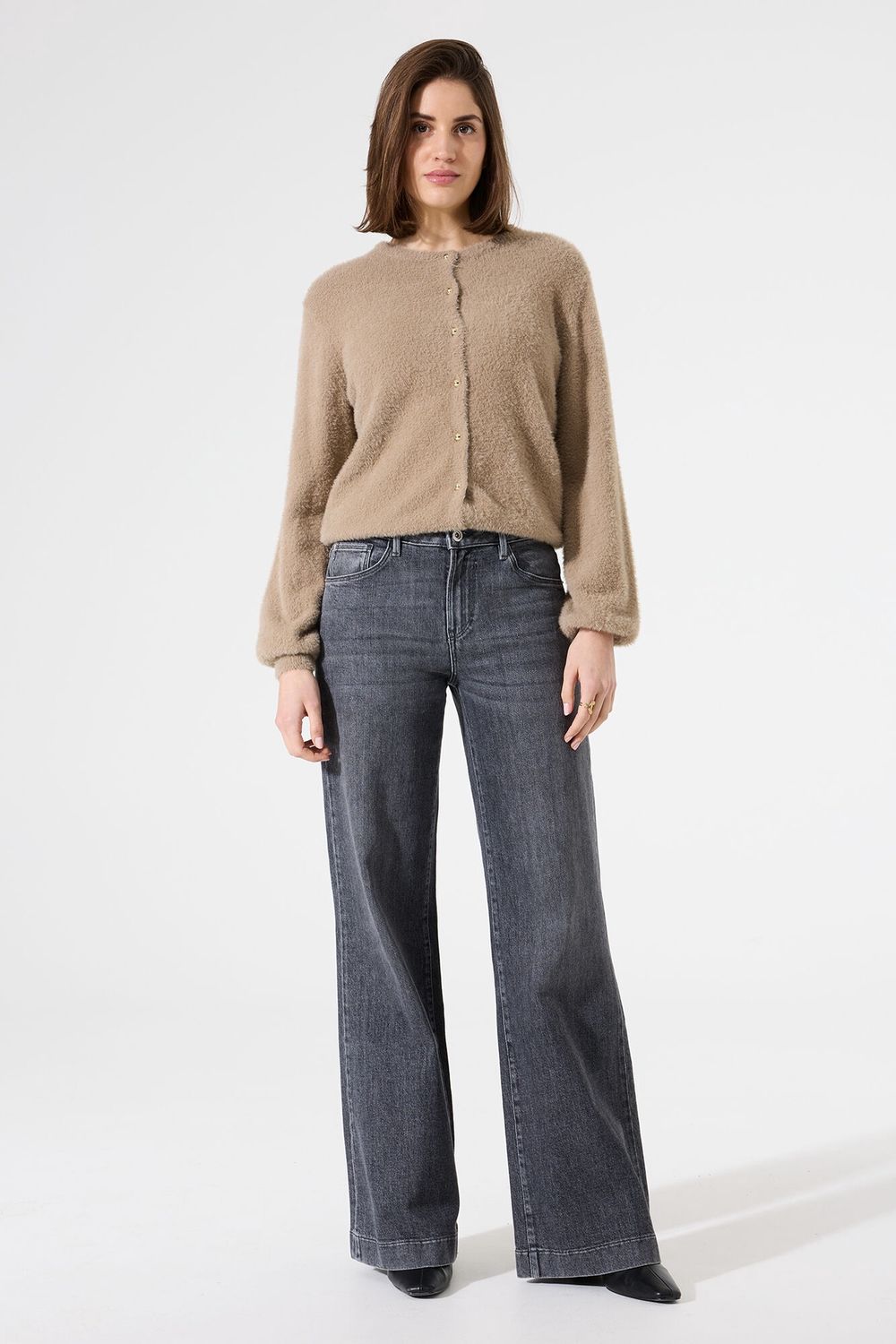 Garcia Cardigan taupe manches longues bouton doré  I50251