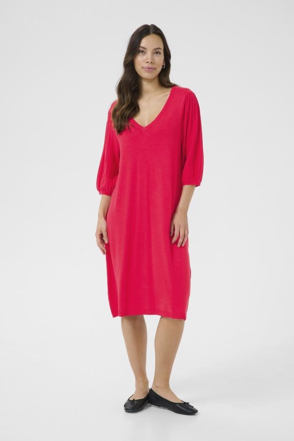 Cream Robe tricot rouge manches courtes plissées 10614034