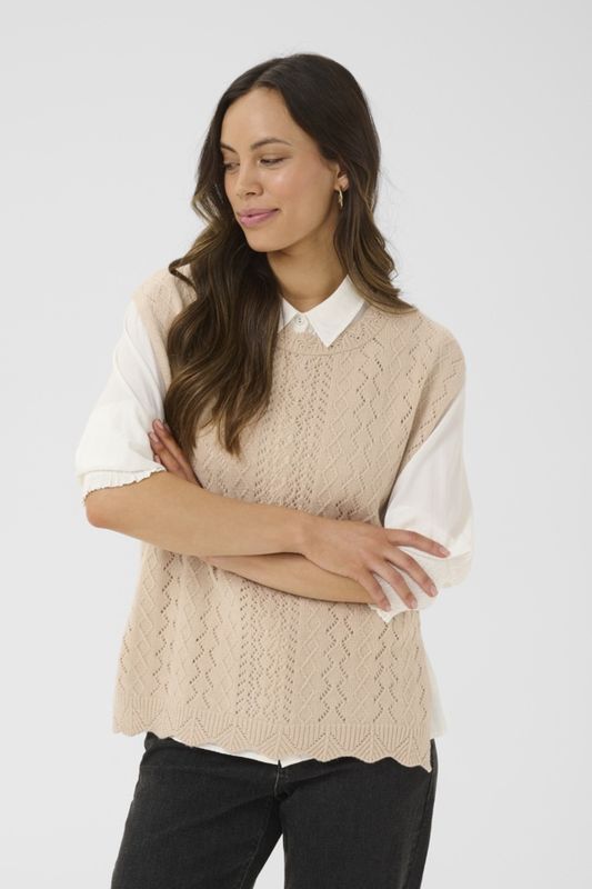 Cream Veste Tricot ajouré sans manche beige mélange 10614025