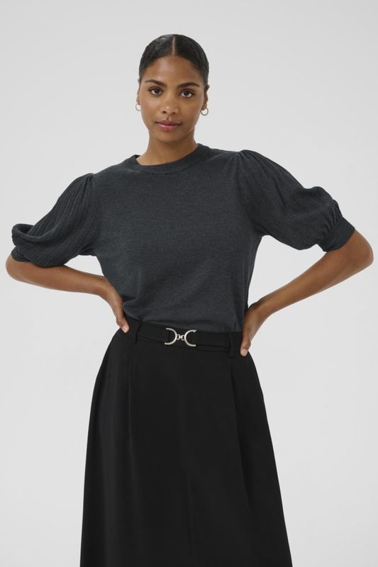 Kaffe Pull tricot léger gris charcoal manches effet plissé 10508368