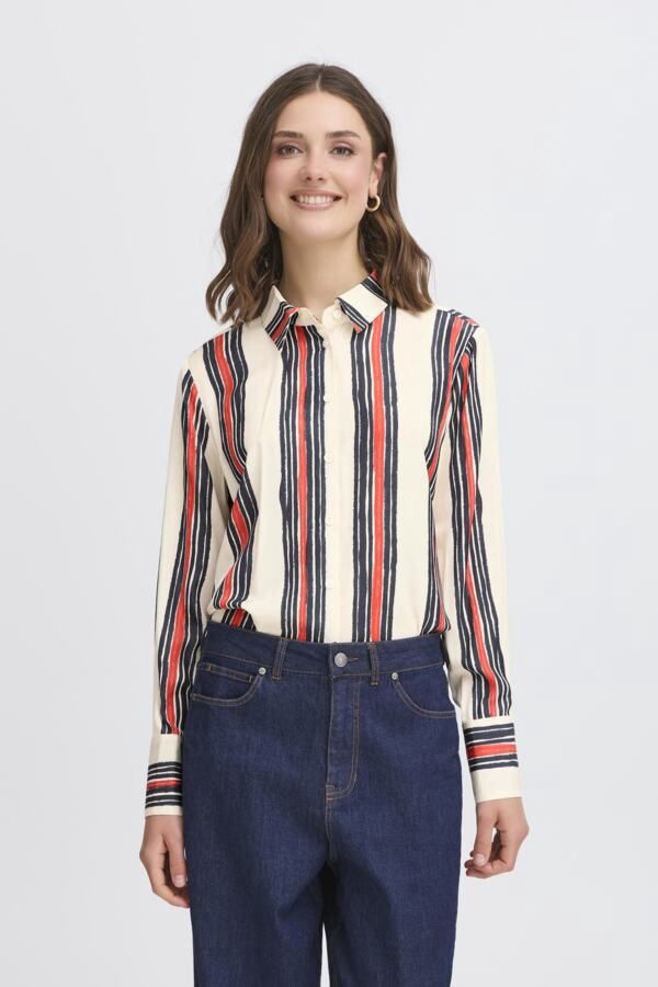 Fransa Blouse crème manches longues rayures rouge et marine 20616080