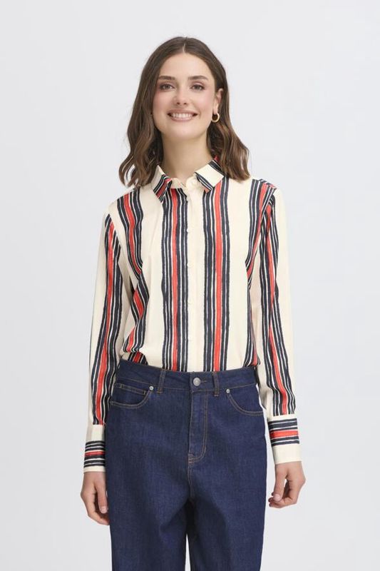 Fransa Blouse crème manches longues rayures rouge et marine 20616080