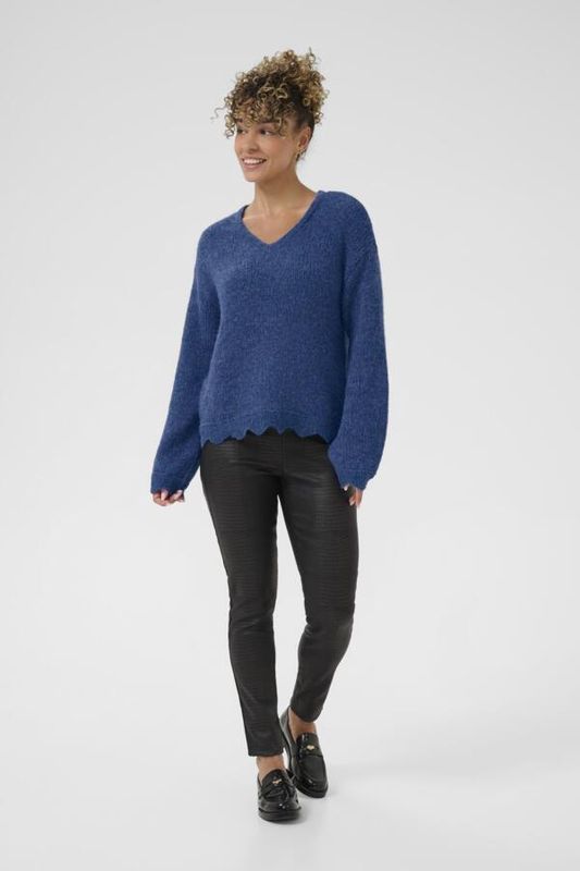 Cream Chandail tricot manches longues col V détail dentellé Galaxy Blue10614326