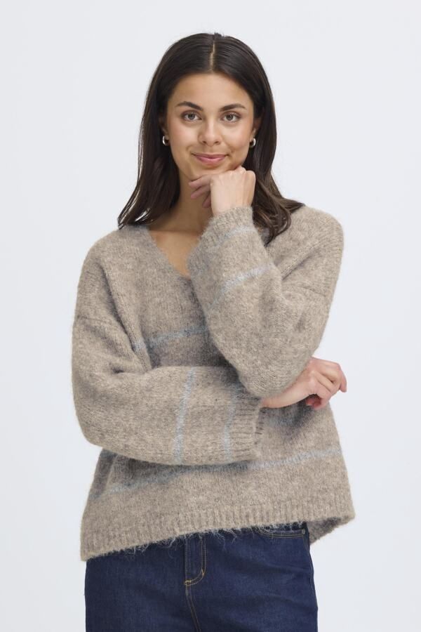 Fransa Pull col V manches longues taupe rayures grises 20617045