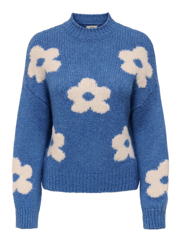 JDY Pull tricot manches longues bleu fleurs blanches 15341564