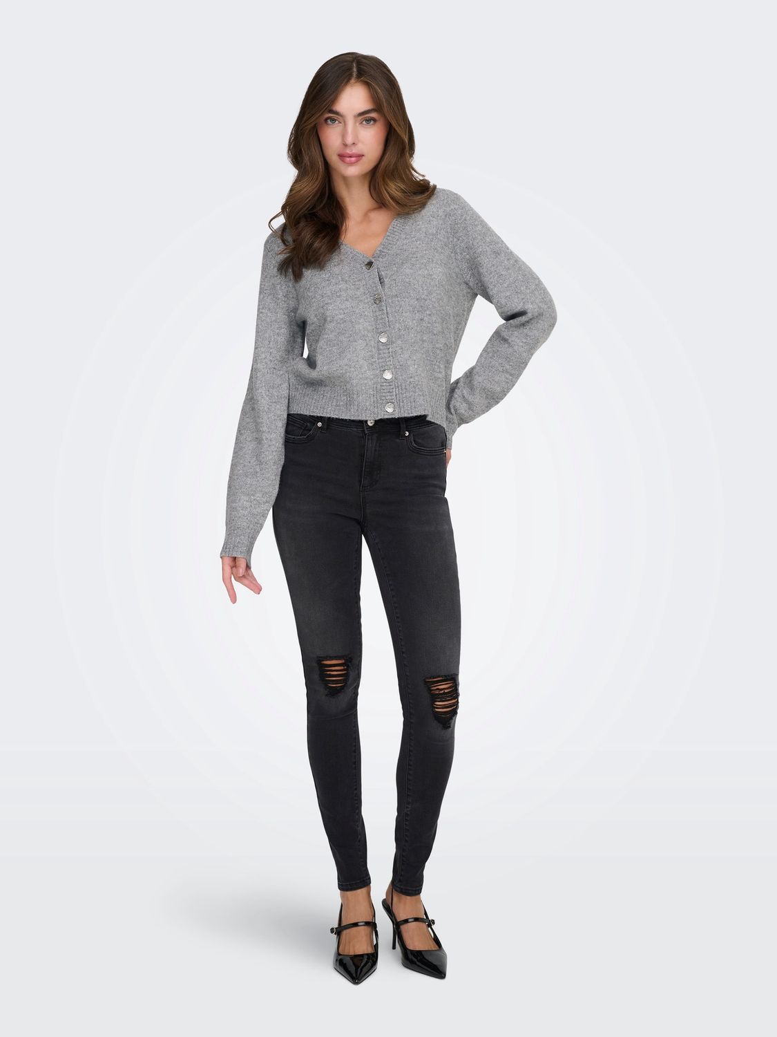 JDY Cardigan tricot court gris bouton argent 15351415