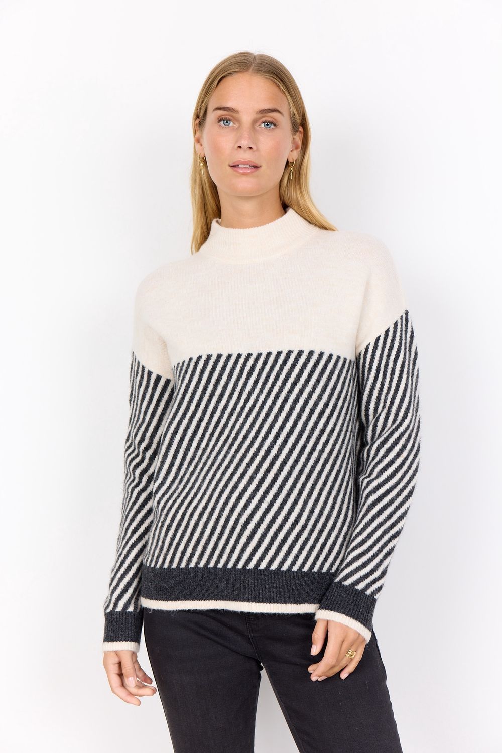 Soya Concept Pull lainage crème manches longues rayures gris charcoal 33688