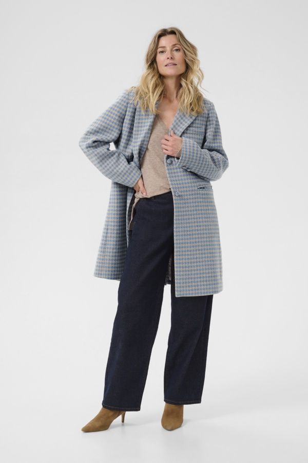Cream Manteau long lainage motifs bleu et beige 10614020