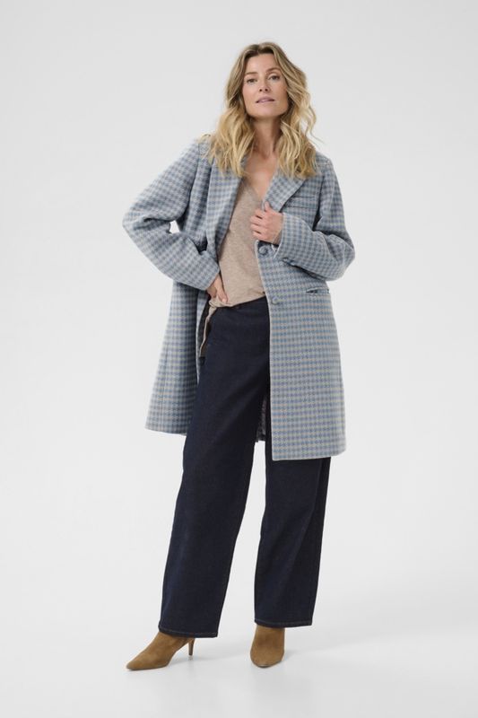 Cream Manteau long lainage motifs bleu et beige 10614020