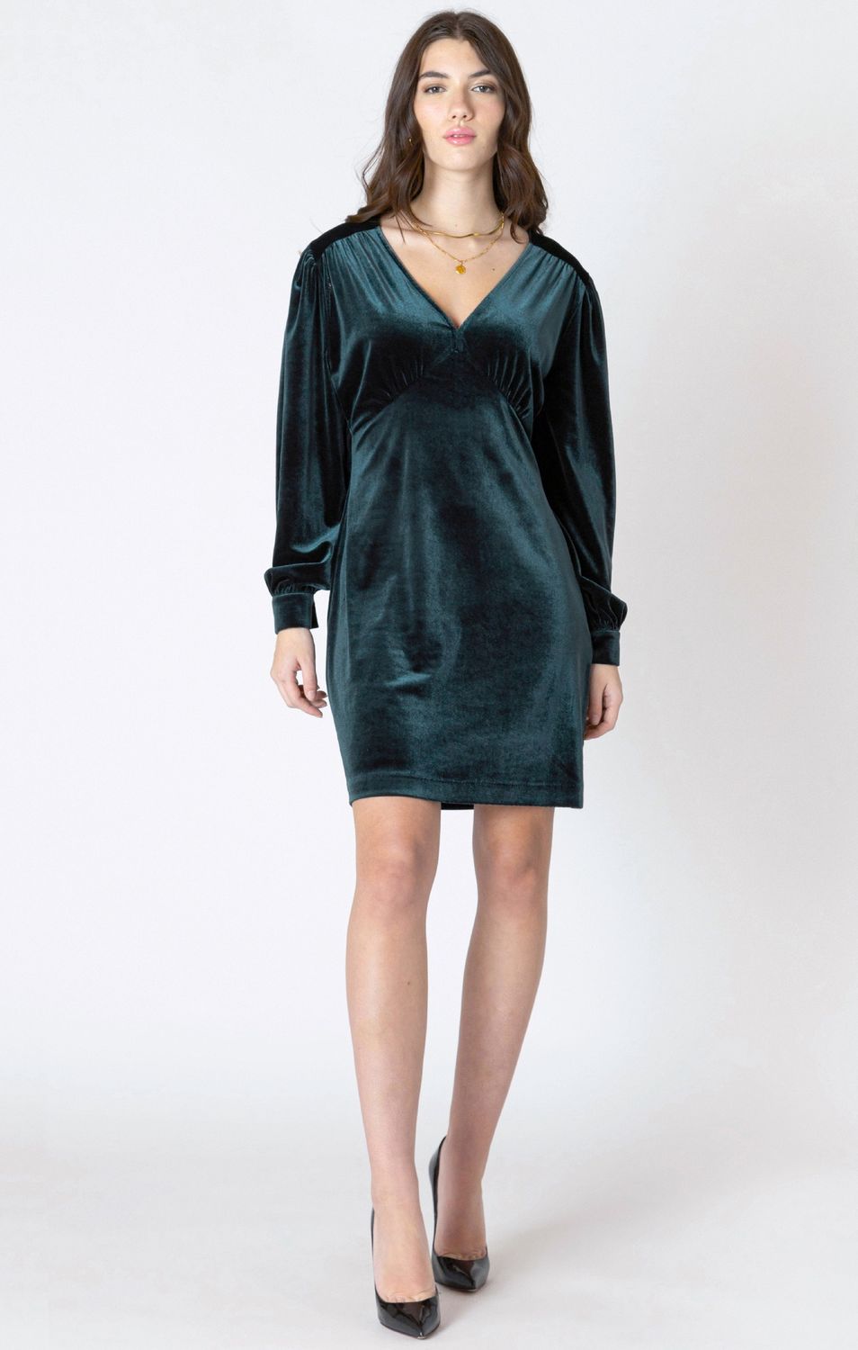Dex Robe manches longues velours vert forêt col V 2622015