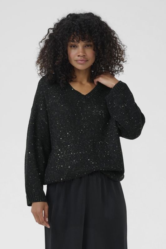 Kaffe Pull manches longues col V noir avec brillants  10510987