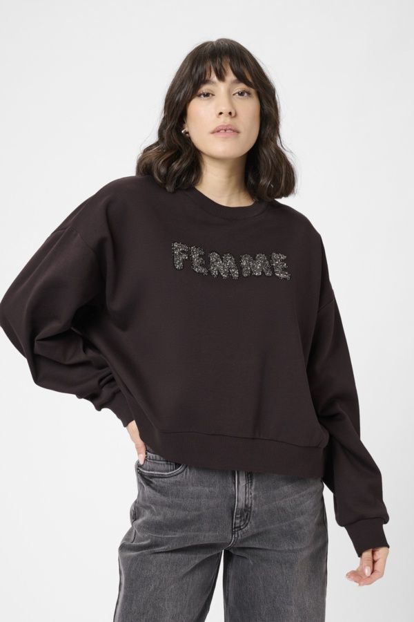 Kaffe Chandail crewneck brun café écritures paillettes FEMME 10510868
