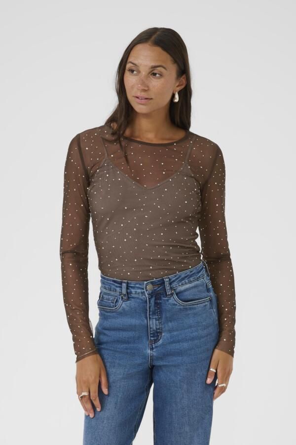 Kaffe Chandail mesh avec brillants brun café 10510854