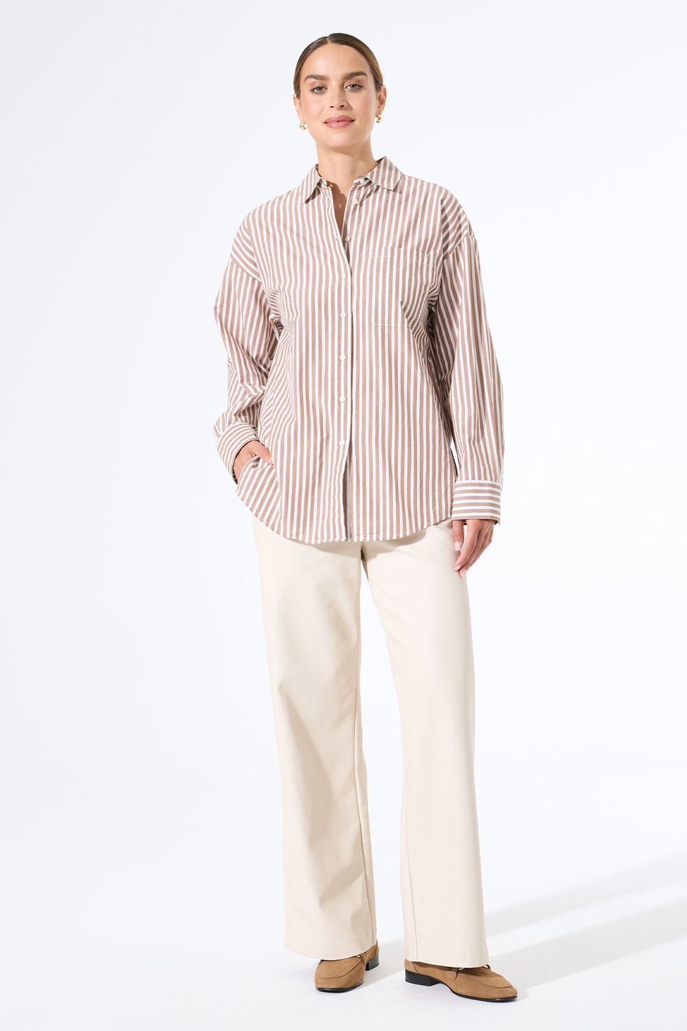 Garcia Chemisier rayures offwhite/sand coupe ample J50031