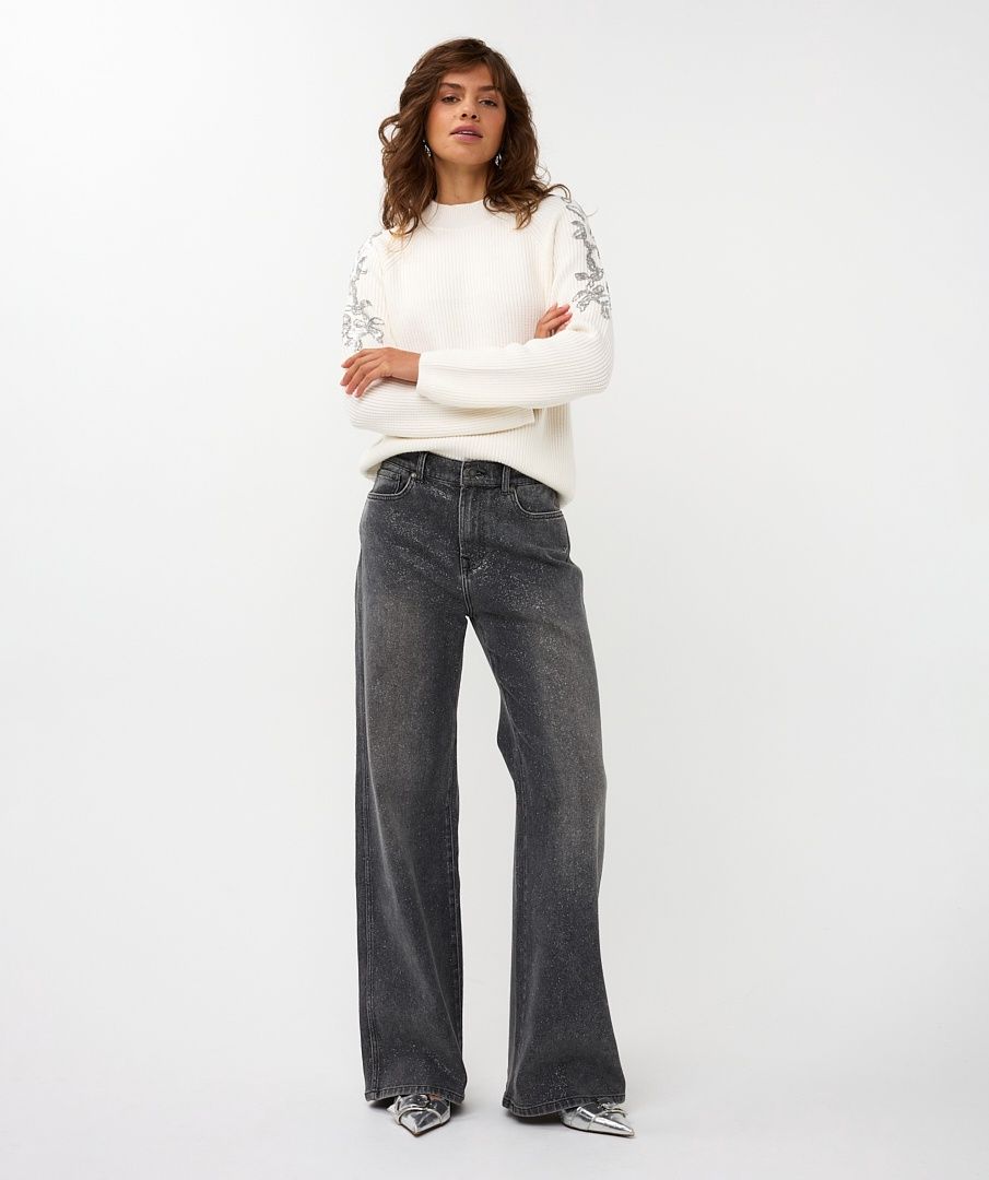 Esqualo Pull tricot manches longues offwhite paillettes argent épaules W2527712