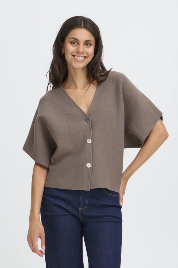 Fransa Cardigan tricot coton manches courtes avec boutons kaki taupe 20617308