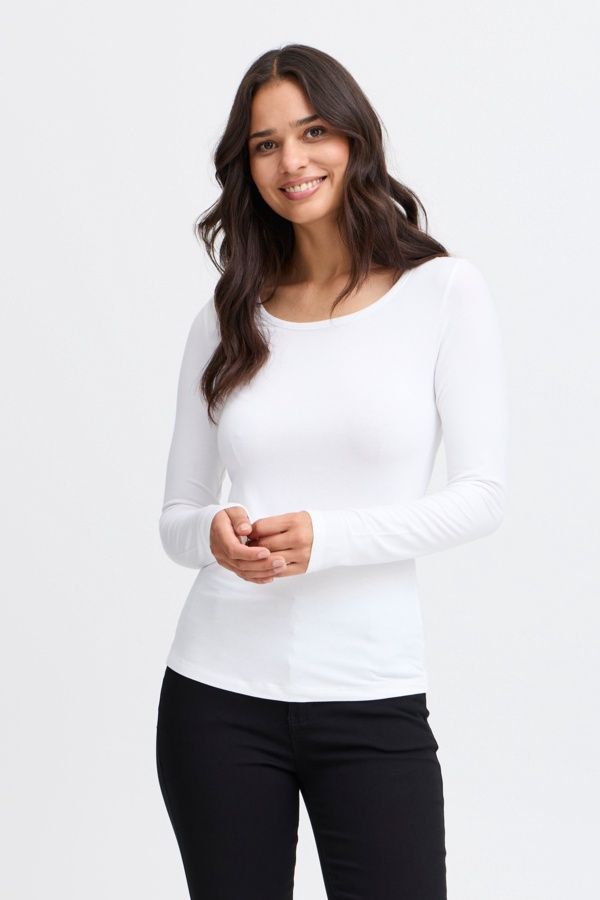 Fransa Chandail blanc col rond manches longues extensible 600543