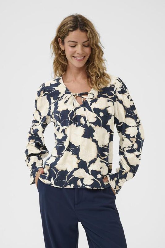 Cream Blouse floral marine et beige manches longues 10614591
